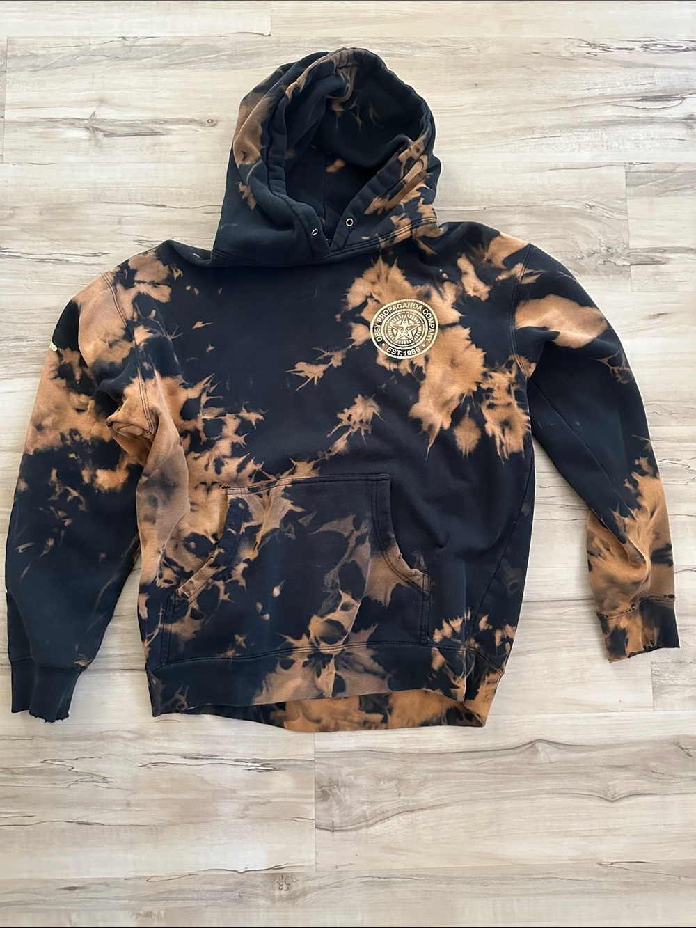Obey brand custom Bleach-Dyed Black & Orange Pullover Hoodie with Logo